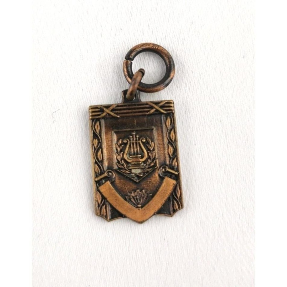 1940 Vintage Bronze Brass Charm musical Lyre Award Gift Band Music Chain Pendant